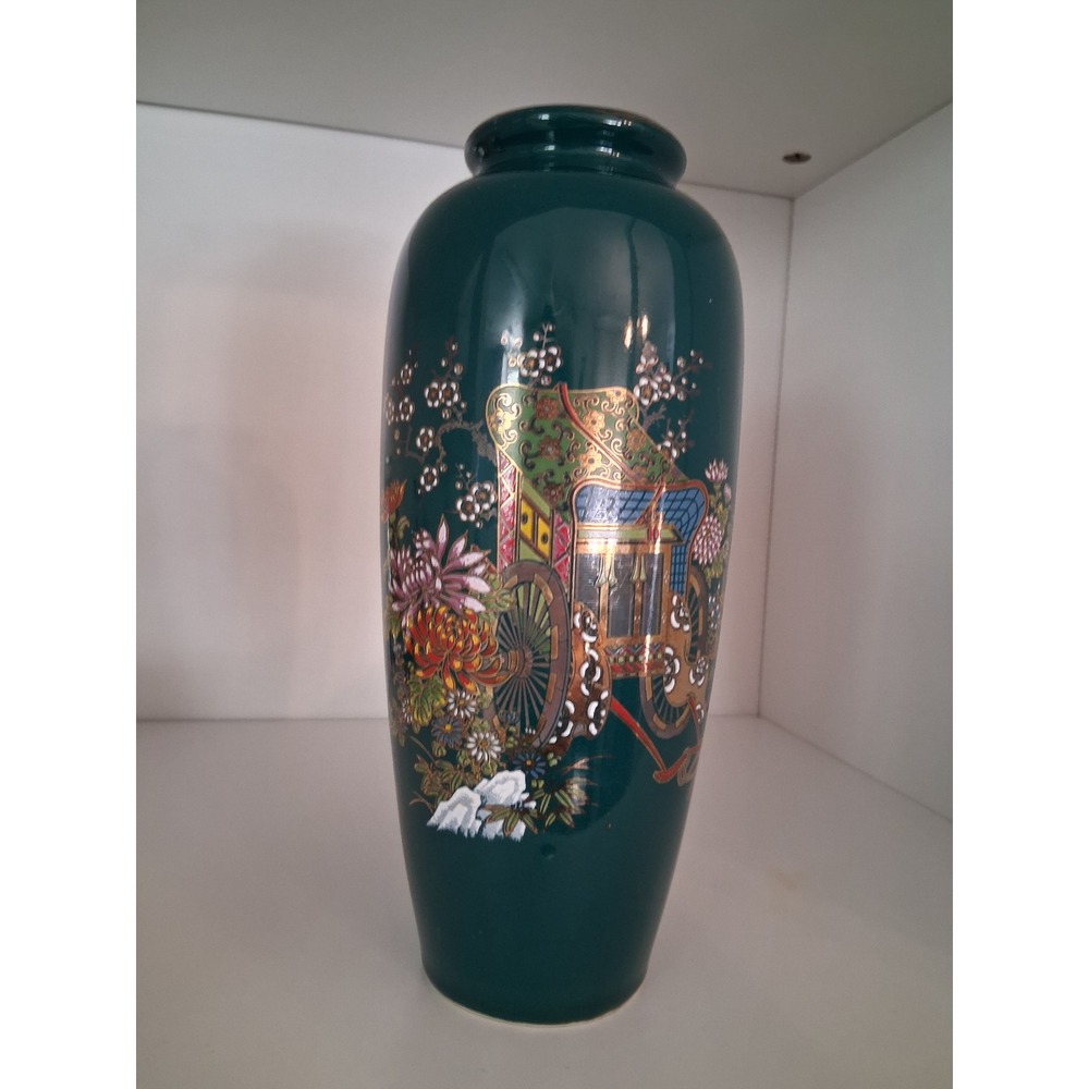 Vintage Japanese Teal Green Porcelain Vase Gold Imperial Carriage Floral 8in